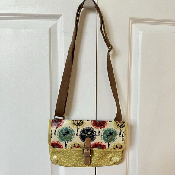 Fossil Bag Coasted Canvas Yellow Floral Bird Crossbody Purse - Picture 4 of 8